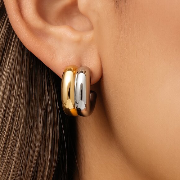 🆕Modern Dual-Tone Chunky Hoops 18K Gold Plated Stainless Steel Trendy Earrings - Picture 4 of 9